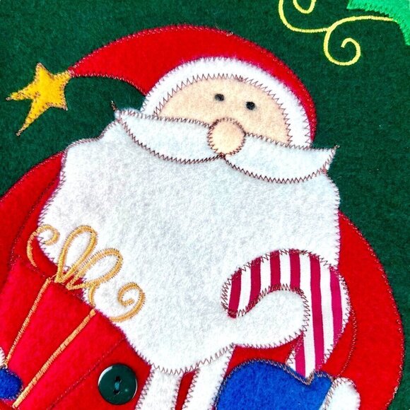 Santa Claus Green Velour Christmas Holiday Stocking Embroidered Applique 16" - Picture 5 of 9